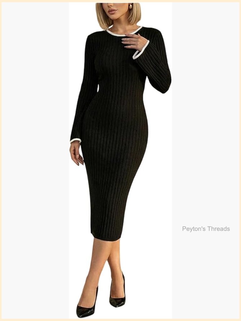 Plus Size Bow Bell Long Sleeve Ribbed Knit Midi Bodycon Dress
